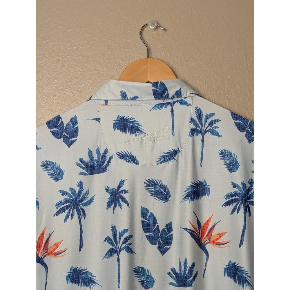 Sunday Crew Polo Shirt Mens XL White Blue Tropical Palm Bird of Paradise UPF 50+